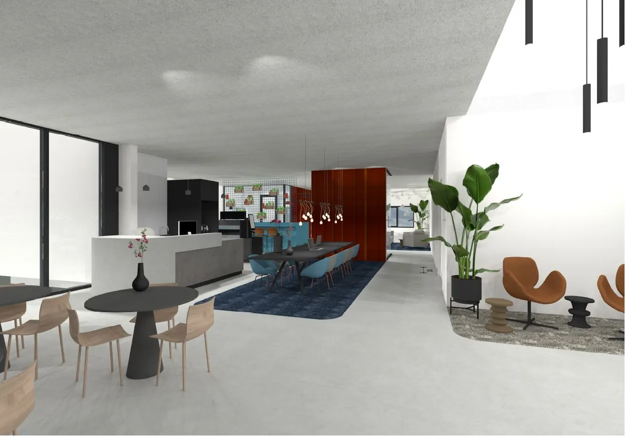 Modern ingericht kantoorinterieur in Waalhaven-Oost met open werkplekken, zithoeken en een lange vergadertafel.